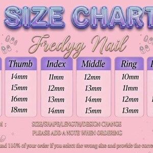 May include: A pink size chart for Fredyg Nail, with measurements in millimeters for thumb, index, middle, ring, and pinky fingers. The chart includes sizes XS, S, M, and L. The text reads, "SIZE CHART Fredyg Nail".