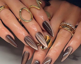 Brown Velvet Cat Eye Stiletto Press On Nails | Magnetic Mocha Glam Fake Nails