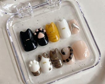 Uñas postizas personalizadas con diseño de gato, gatito atigrado jengibre esmoquin 3D, uñas cortas ovaladas.