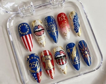 Uñas postizas patrióticas hechas a mano, 250 aniversario de EE. UU., 4 de julio, Campana de la Libertad.