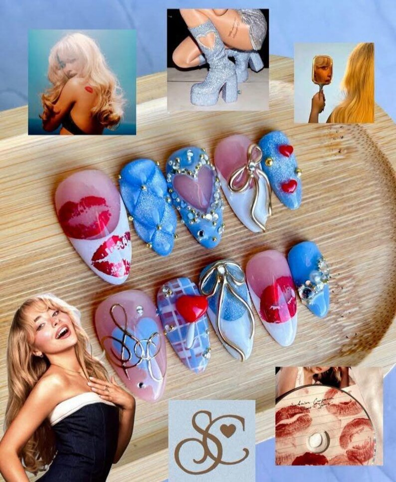 May include: A collection of nail art designs featuring various styles and embellishments. Designs include lip prints, hearts, bows, and intricate patterns. The nails are in shades of pink, blue, and white, with gold accents and rhinestones.
