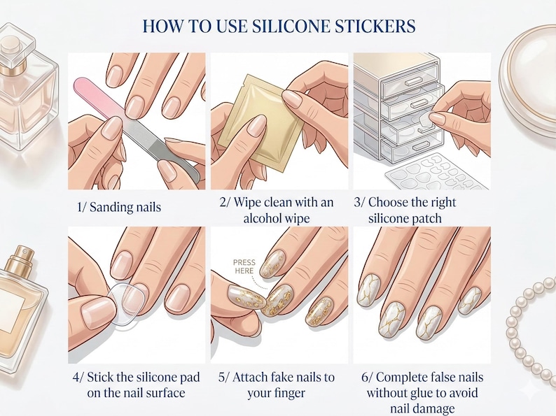 May include: Illustrated guide on how to apply silicone stickers for fake nails. Steps include sanding nails, cleaning with alcohol wipe, choosing a patch, applying the pad, attaching the fake nails, and completing the process. The text "HOW TO USE SILICONE STICKERS" is at the top.
