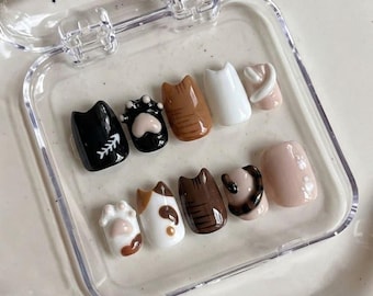 Uñas postizas personalizadas con forma de pata de gato, uñas cortas cuadradas con diseño de gatito esmoquin calico en 3D.