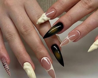 Uñas postizas stiletto 3D abstractas / Uñas postizas grunge góticas Black Aura / Set de lujo pintado a mano