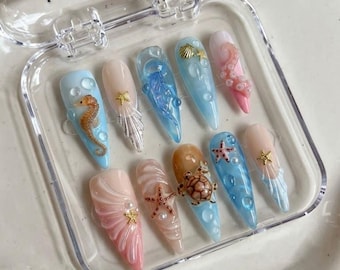 Uñas postizas con motivos marinos: tortuga marina, caballito de mar 3D, pulpo, medusa, sirena, uñas postizas estilo stiletto, hechas a mano.