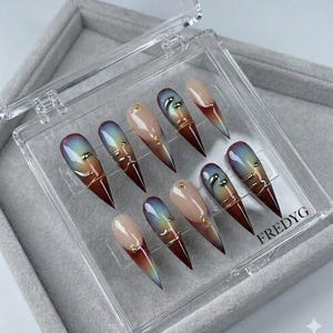 3D Gold Chrome Stiletto Nails, Abstract Gradient French Tip Art, Edgy Cybercore Fake Nails