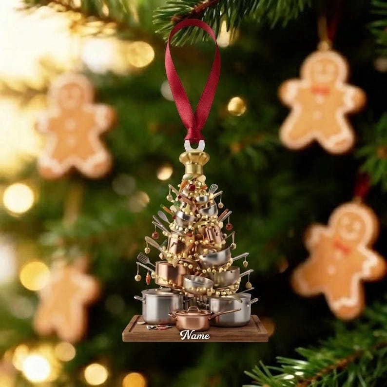 Red Chef Kitchen Tools Personalized Chef Tree Ornament 2D, Custom Kitchen Pots Pans Christmas ...