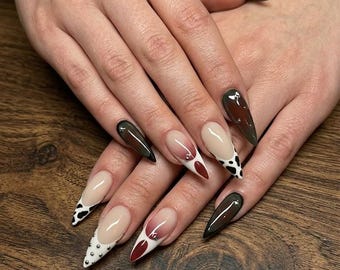Uñas postizas de aguja con estampado de vaca Dark Aura / Uñas postizas con degradado de gotas de agua 3D
