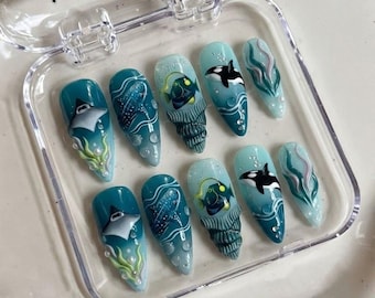 Uñas postizas hechas a mano con diseño de mar profundo, puntas de uñas adhesivas con forma de tiburón pescador en 3D