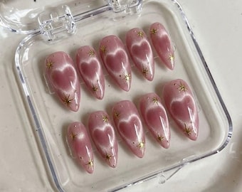 Uñas postizas con forma de corazón rosa y ojo de gato / Uñas postizas magnéticas de terciopelo con estrellas color oro rosa