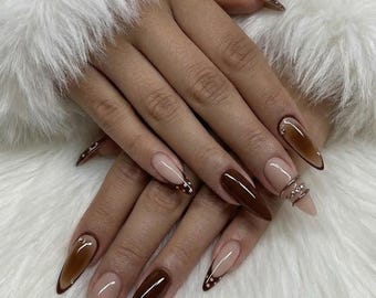 Brown Aura Press on Nails, 3D Chrome Lines, Espresso Ombre Almond Nails