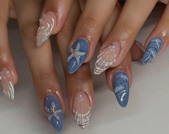 Uñas postizas de sirena oceánica / Uñas postizas 3D con forma de estrella de mar azul marino para verano