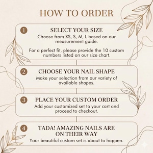 May include: A beige graphic with the text "HOW TO ORDER" at the top. The graphic details the steps to order custom nails: select size, choose nail shape, place order, and await delivery. Decorative leaf accents frame the text.