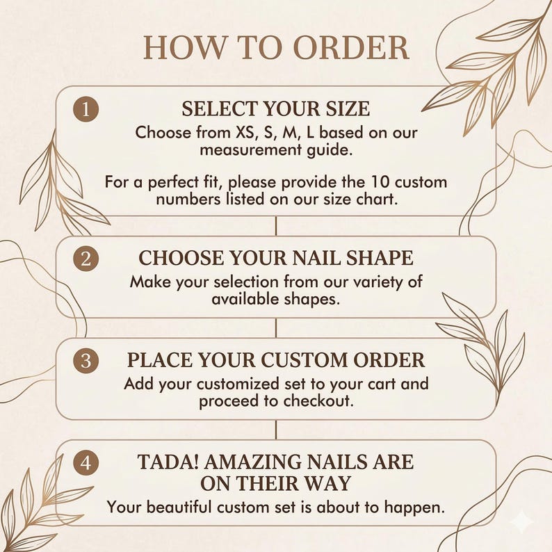 May include: A beige graphic with the text "HOW TO ORDER" at the top. The graphic details the steps to order custom nails: select size, choose nail shape, place order, and await delivery. Decorative leaf accents frame the text.