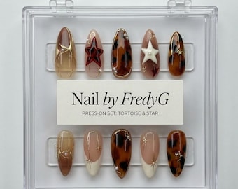 Tortoise Shell Almond Press On Nails with Stars, Celestial Autumn Y2K Art