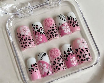 Uñas postizas Y2K con diseño de flores de leopardo rosa – Arte veraniego de guepardo (10 unidades)