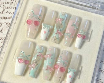 Pastel Mint Pink Coffin Nails with 3D Cherries and Bows, Cottagecore Floral Press-ons