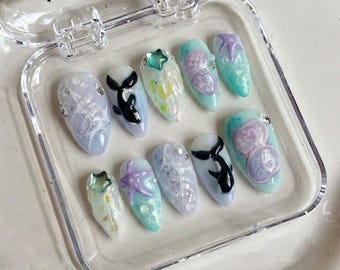 Uñas postizas con diseño de orca, uñas postizas con forma de estrella de mar 3D, uñas de gelatina, uñas postizas con forma de ataúd, uñas postizas costeras estilo Y2K, uñas postizas hechas a mano con pegamento.