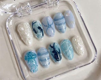Uñas postizas Ocean Press On, 3D Pearl Starfish Medusa Ballena Tiburón, Uñas postizas azules costeras