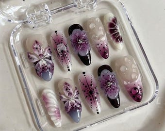Uñas postizas Orquídea Gótica: Flor 3D Morado Oscuro, Forma de Ataúd, Estilo Cibernético Y2K