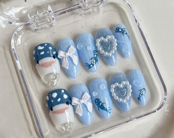 Uñas postizas Coquette Whale Shark, uñas adhesivas 3D con lazo, corazón, perlas y diseño oceánico.