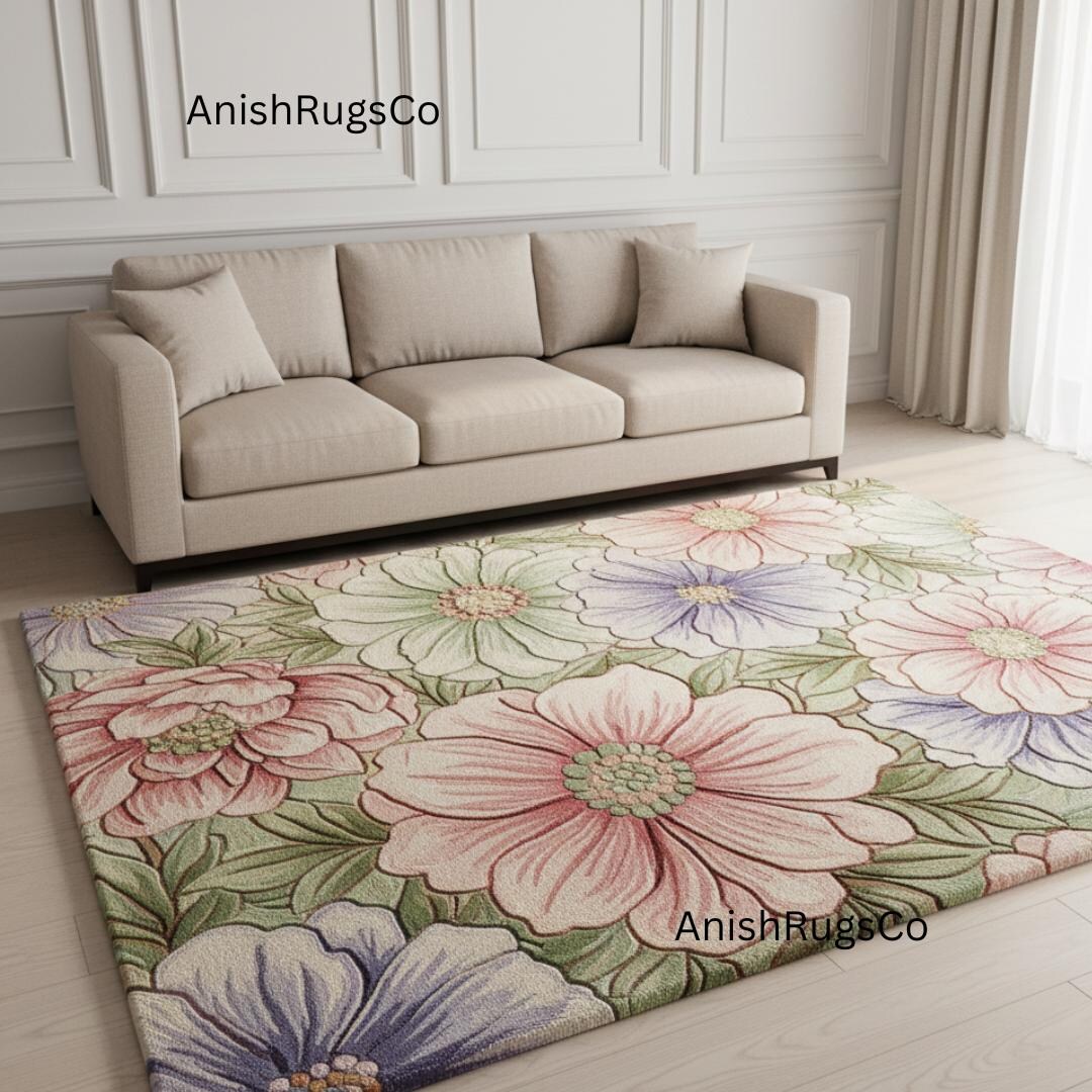 Hand Tufted Floral Wool Rug, Modern Botanical Area Rug, Colorful Flower ...