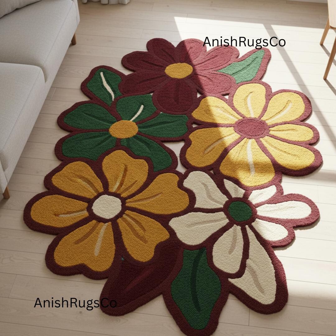 Hand Tufted Floral Wool Rug, Multi Flower Shaped Area Rug, Retro ...