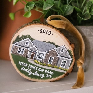 Custom Hand Painted House Ornament on Round Bulb or Woodslice, first home, closing Gift