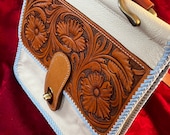 Crean Colored Cross Body Leather Handbag with Floral Carving