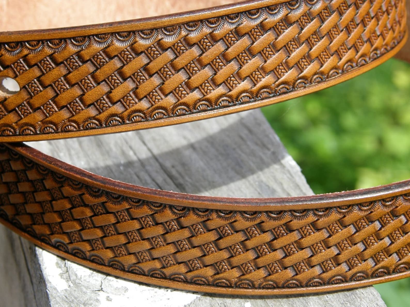 Hand Made Basket Stamped Leather Belt Etsy