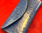 Blue Alligator Embossed Leather Tri-Fold Clutch Wallet