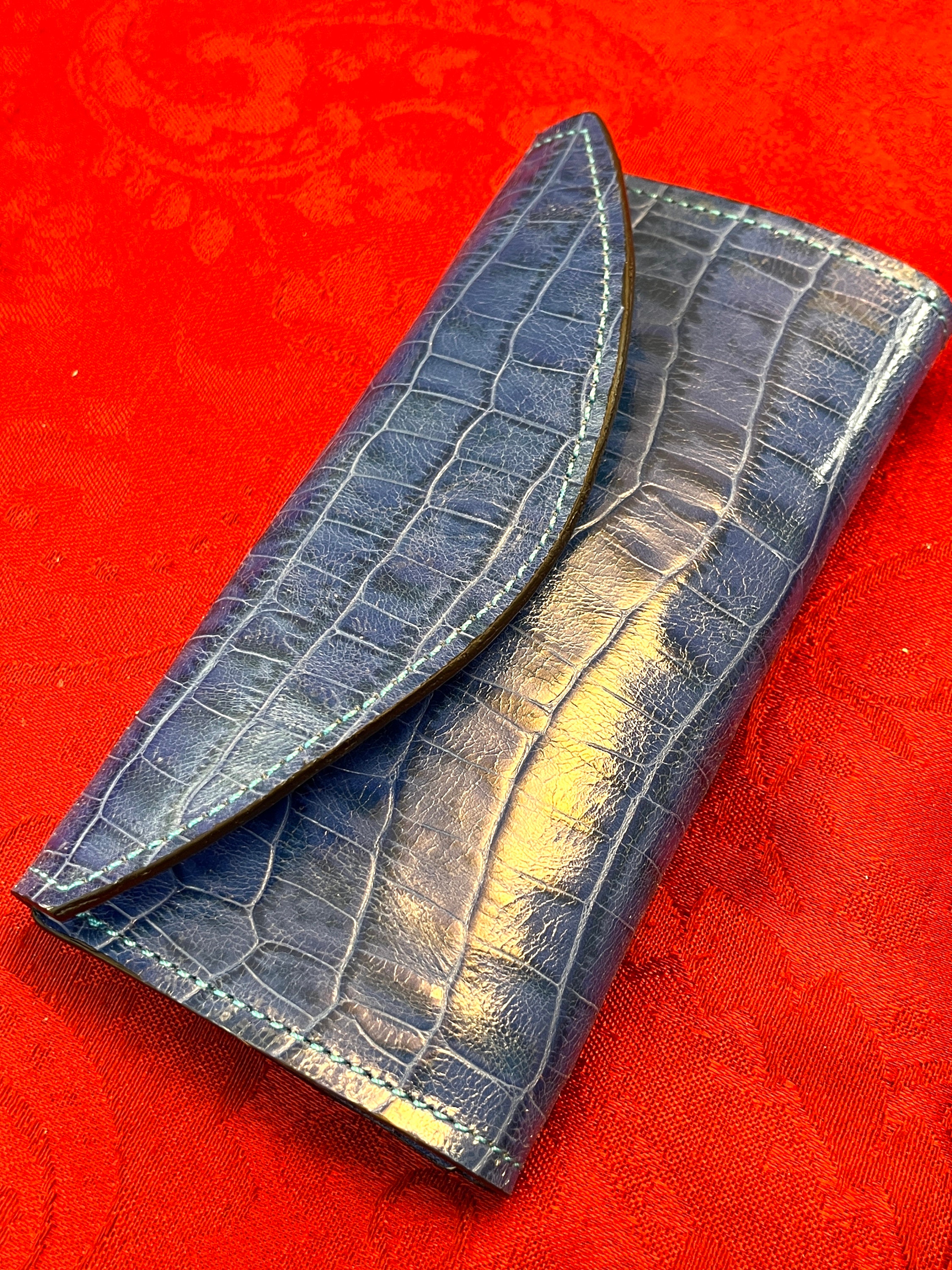 Blue Alligator Embossed Leather Tri-Fold Clutch Wallet