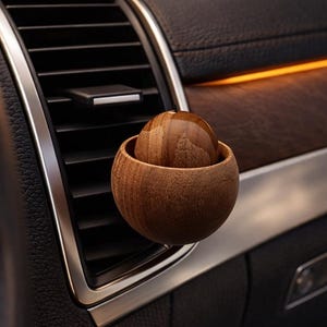 May include: A wooden car air freshener with a spherical design. The freshener consists of a small wooden ball inside a larger wooden bowl, designed to clip onto a car's air vent. The wood has a natural, warm brown tone, complementing the car's interior.
