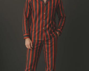 Conjunto de pijama de lino a rayas rojas y blancas para hombre