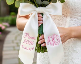 Embroidered Prom Couple Bouquet Sash, Graduation Name Ribbon Bouquet Sash, Personalized Monogram Ribbon, Gift for Her