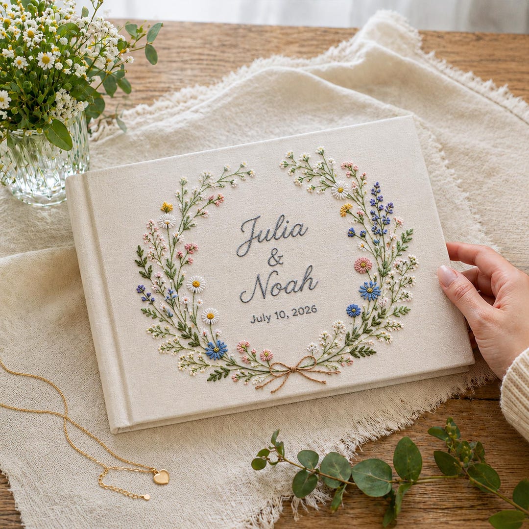 Personalized Embroidered Wedding Couple Guest Book, Custom Name Florals ...