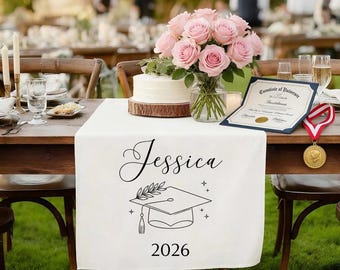 Personalized Graduation Table Runner, Custom Name Graduation Table Cloth, Custom Name Class of 2026 Decor, Graduation Party Decor