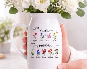 Personalized First Mom Now Grandma Birth Month Flower Vase, Custom Ceramic Vase with Grandkids Names, Flowers Vase Birthday Gift for Grandma