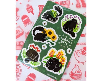 Garden Kitty Sticker Sheet - Cute Cat and Flower Illustrations