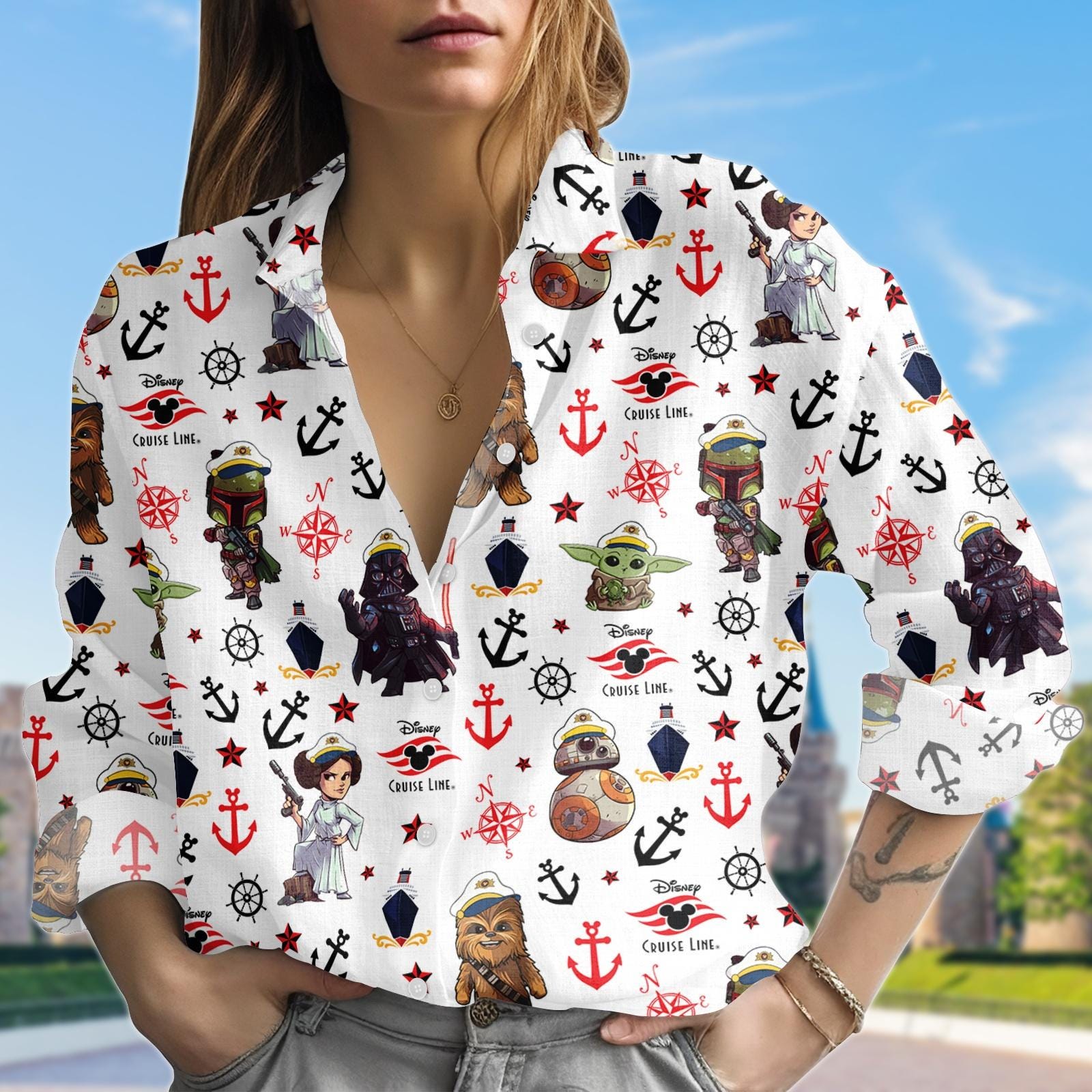 Discover Grogu BB8 Darth Vader Cruise Linen-Look Shirt, Disney Star Wars Cruise Casual Blouse Shirt, Disney Cruise Trip Shirt, Blouse Women Shirt