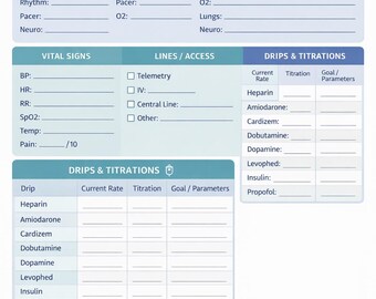 Può includere: Un modulo medico intitolato "Cardiac Stepdown ICU" con sezioni per informazioni sul paziente, segni vitali, linee/accesso, gocciolamenti, laboratori e rapporto/consegna. Il modulo è principalmente bianco con accenti blu e grigi.