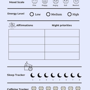 Pu&ograve; includere: Un pianificatore blu chiaro "Pre Shift Reset" con sezioni per l'umore, l'energia, le affermazioni e le priorit&agrave; notturne. Include un tracker del sonno con otto lune crescenti e un tracker della caffeina con sette icone di tazze di caff&egrave;. Il testo include "Fine", "Happy", "Angry", "Sad" e "Neutral".