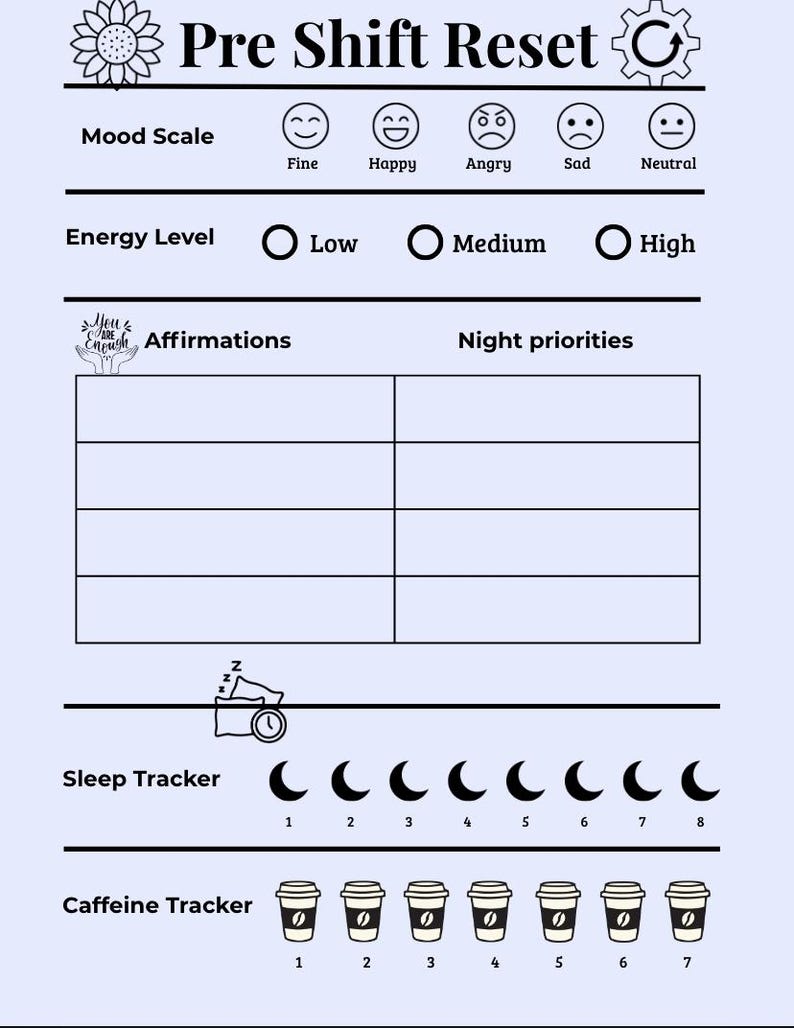 Pu&ograve; includere: Un pianificatore blu chiaro "Pre Shift Reset" con sezioni per l'umore, l'energia, le affermazioni e le priorit&agrave; notturne. Include un tracker del sonno con otto lune crescenti e un tracker della caffeina con sette icone di tazze di caff&egrave;. Il testo include "Fine", "Happy", "Angry", "Sad" e "Neutral".