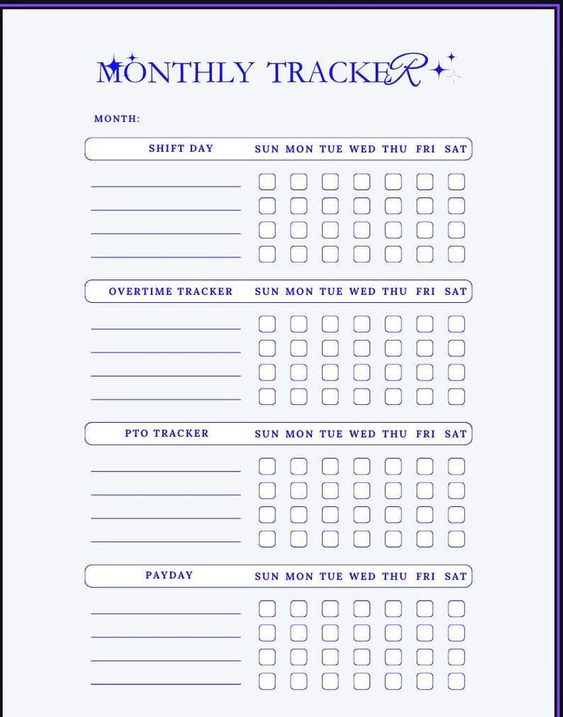 Pu&ograve; includere: Un tracker mensile blu e bianco con sezioni per il turno di lavoro, gli straordinari, le ferie e il giorno di paga. Il tracker include un layout di calendario con i giorni della settimana da domenica a sabato. Il titolo "MONTHLY TRACKER" &egrave; in un carattere decorativo.