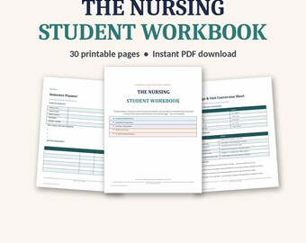 Può includere: Un quaderno di esercizi digitale per studenti di infermieristica con 30 pagine stampabili. La copertina riporta il titolo The Nursing Student Workbook, A Complete Study & Clinical Toolkit. Include pianificatori e schede di riferimento.