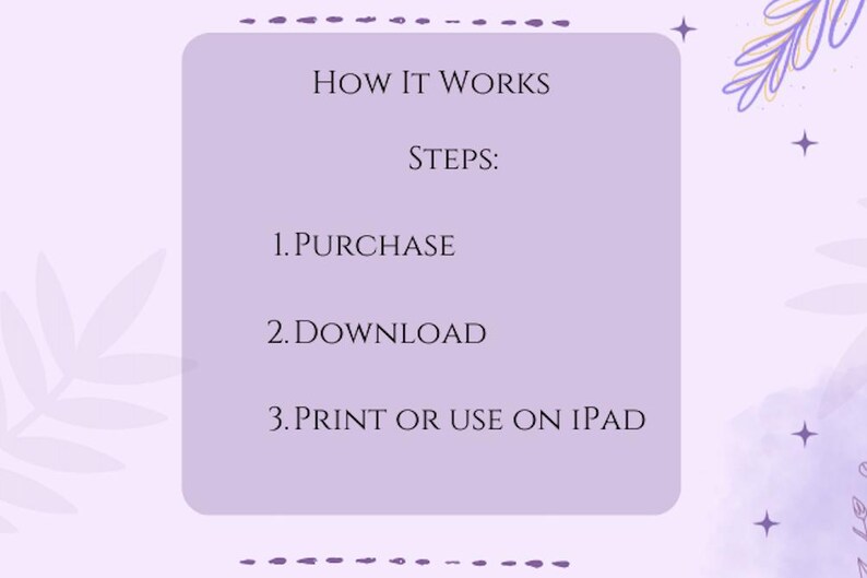Pu&ograve; includere: Grafica lilla con il testo "HOW IT WORKS" e "STEPS:" seguito da tre passaggi numerati: "PURCHASE", "DOWNLOAD" e "PRINT OR USE ON IPAD". Elementi floreali e stellati decorano il testo.