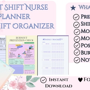 Pu&ograve; includere: Planner digitale per infermieri turnisti notturni, con copertina blu scuro raffigurante una luna crescente e una silhouette di mano. Include sezioni per il ripristino pre-turno, il flusso di turno, il budget mensile e la prevenzione del burnout. Download immediato.