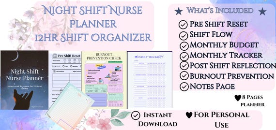Night Shift Nurse Planner Printable| 12 Hour Nursing Shift Organizer|