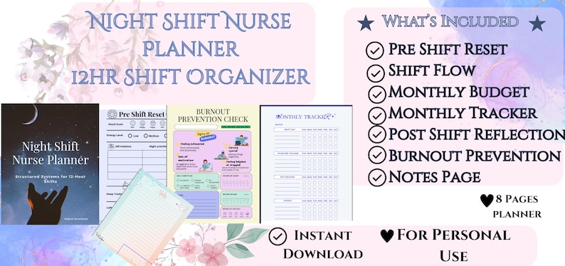 Pu&ograve; includere: Planner digitale per infermieri turnisti notturni, con copertina blu scuro raffigurante una luna crescente e una silhouette di mano. Include sezioni per il ripristino pre-turno, il flusso di turno, il budget mensile e la prevenzione del burnout. Download immediato.