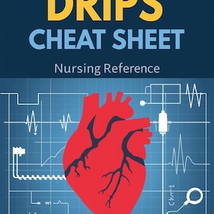 May include: A blue nursing reference cheat sheet titled "CARDIAC DRIPS CHEAT SHEET." It features a red heart illustration with a network of lines and medical symbols. The text "Stepdown + Telemetty Designed by a Nurse" is at the bottom.